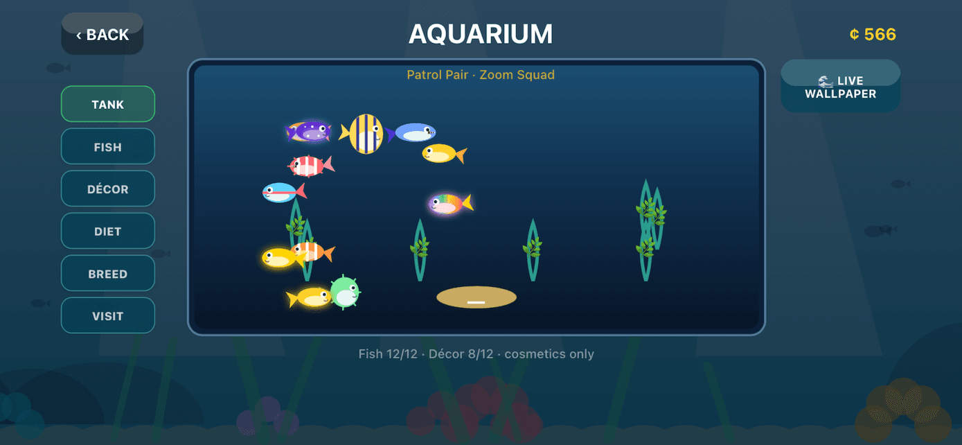 Aquarium tank with collected fish and décor