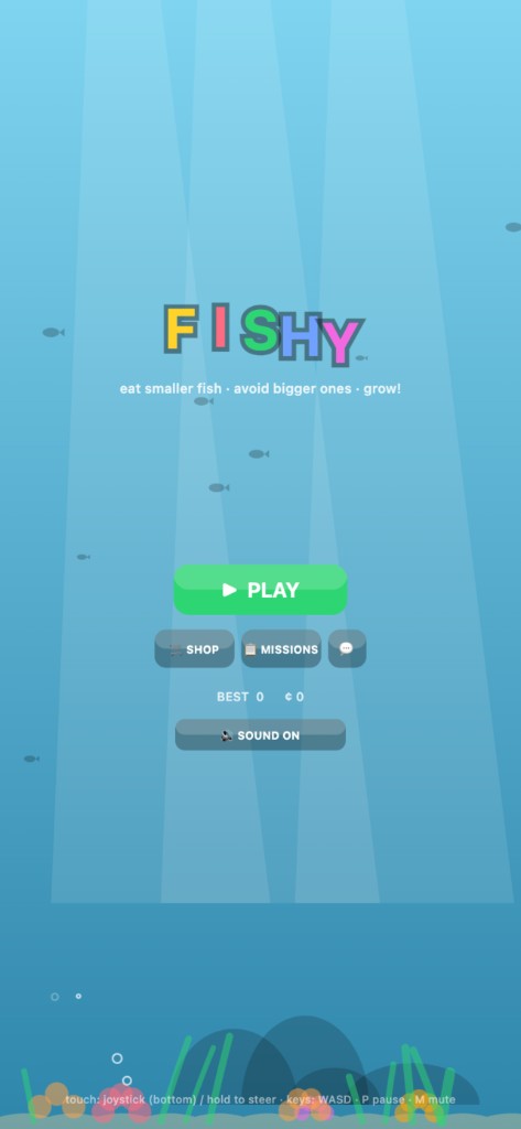 Fishy title screen with Play, Shop, and Missions buttons