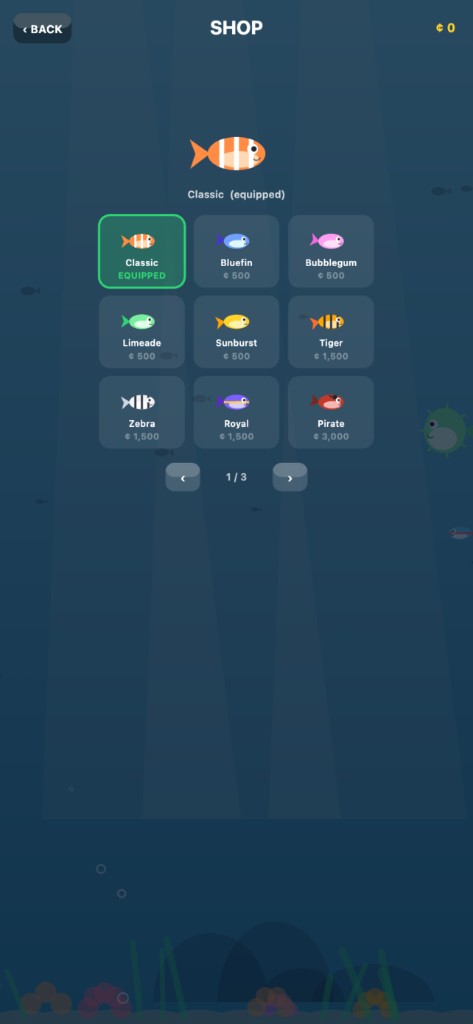 Shop screen: cosmetic fish skins displayed on cards with coin prices