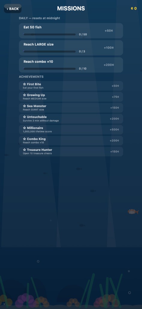 Missions screen: daily missions and achievements with coin rewards