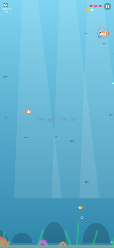 Fishy gameplay: a small orange fish swims through a bright blue reef among smaller fish